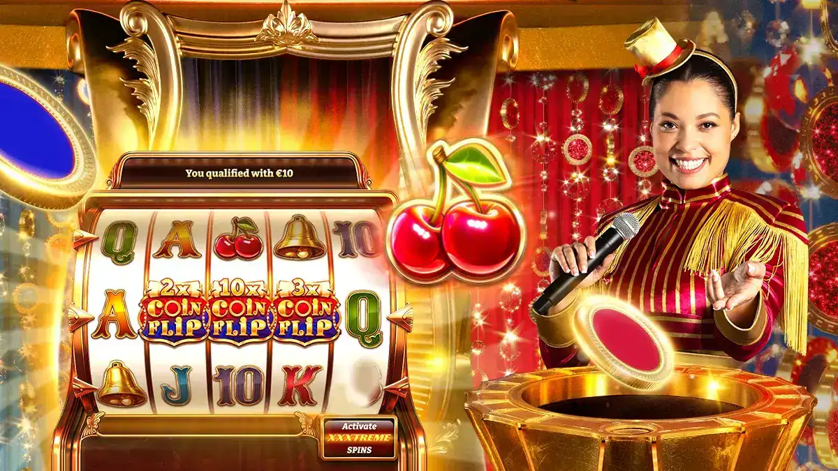 Live Coin Flip bonusronde met presentator en munt.